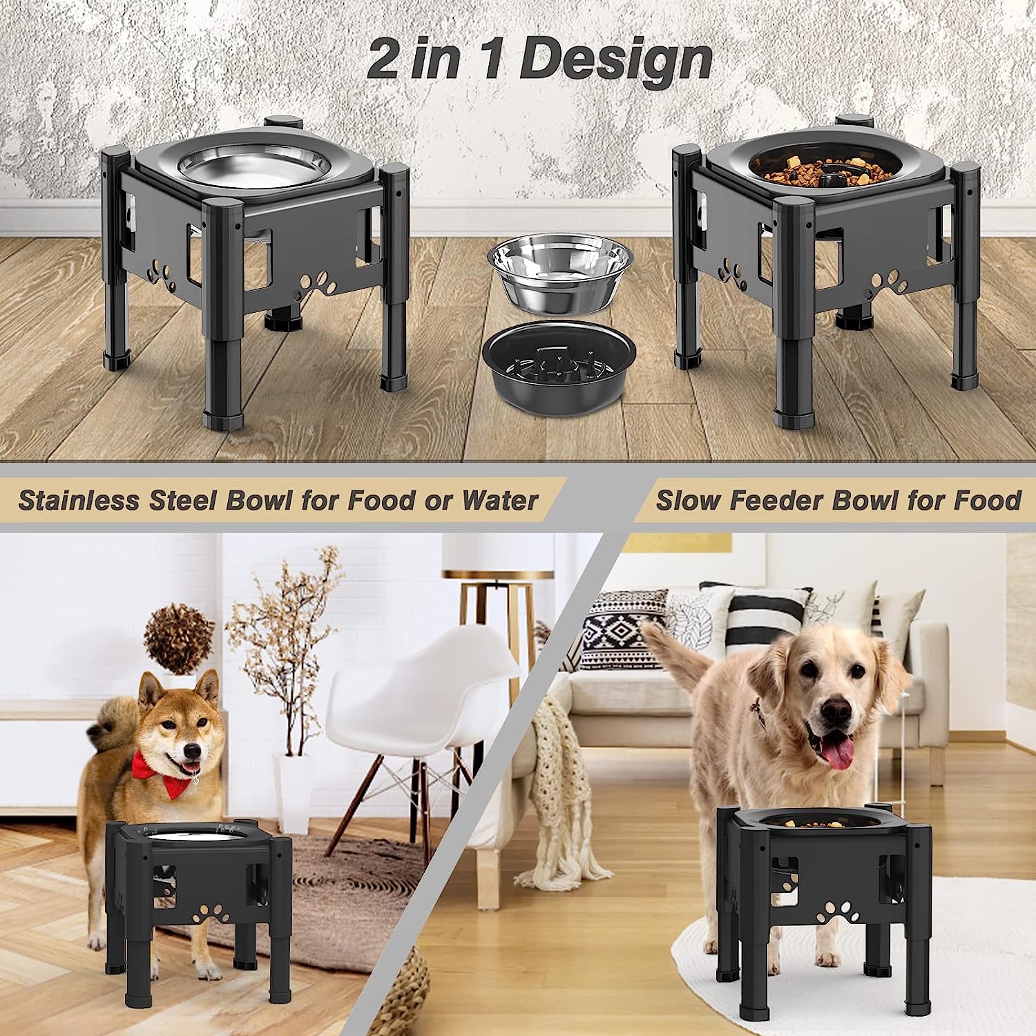 Elevated Stainless Steel Dog Double Bowls With 1 Slow Feeder Bowl