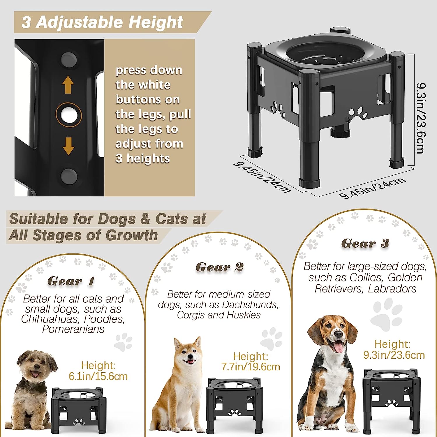 Elevated Dog Bowls Adjustable 3 Heights Raised Pet Feeder for Medium Large  Dogs